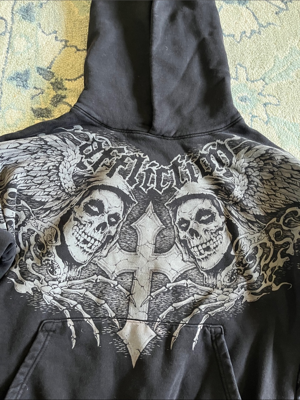 Affliction Black Graphic Skull Cross Hoodie Sweatshirt - Picture 2 of 7